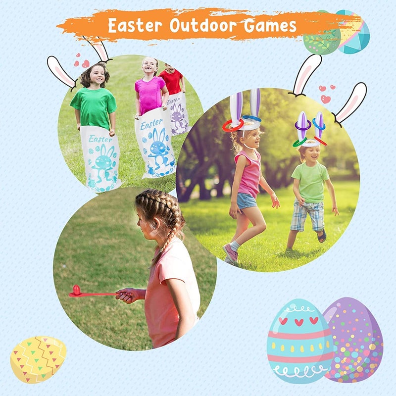 ThinkMax 4 Players Easter Outdoor Party Games for Kids and Family - Potato Sack Race Jumping Bags, Legged Relay Race Bands, Egg and Spoon Race and Inflatable Bunny Ring Toss Games - Easter Party Supplies - Image 3